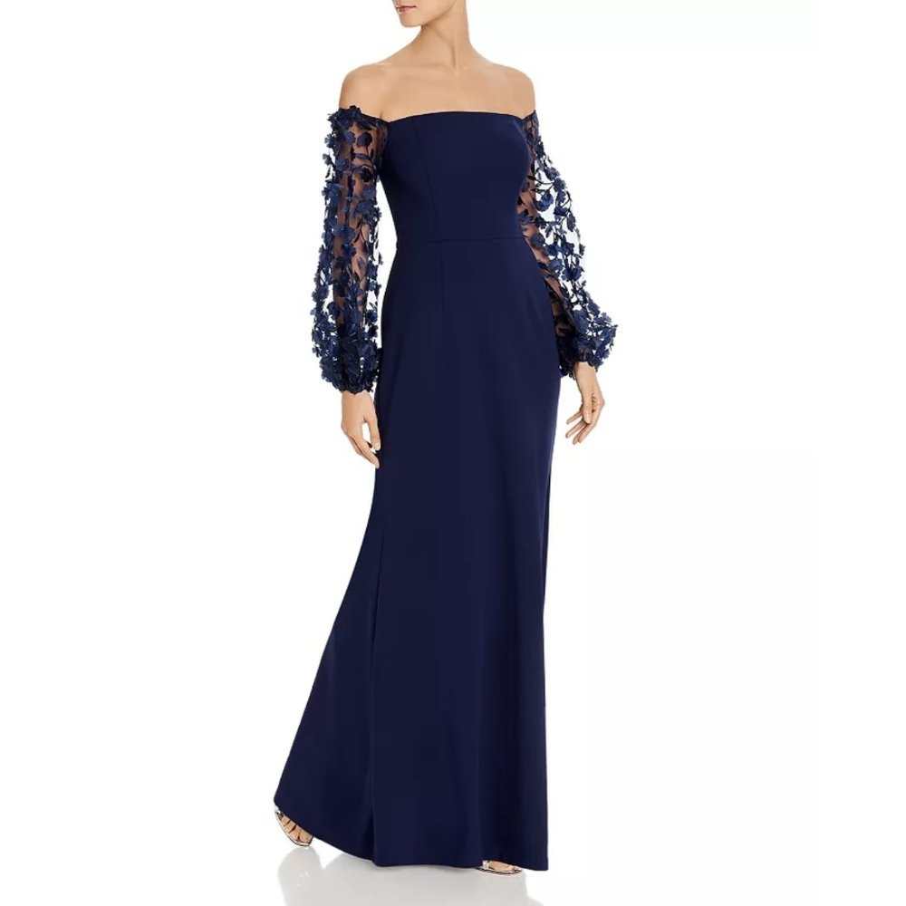 NWT Eliza J Off Shoulder 3D Floral Applique Sleeve Evening Gown in Navy Sz. 12